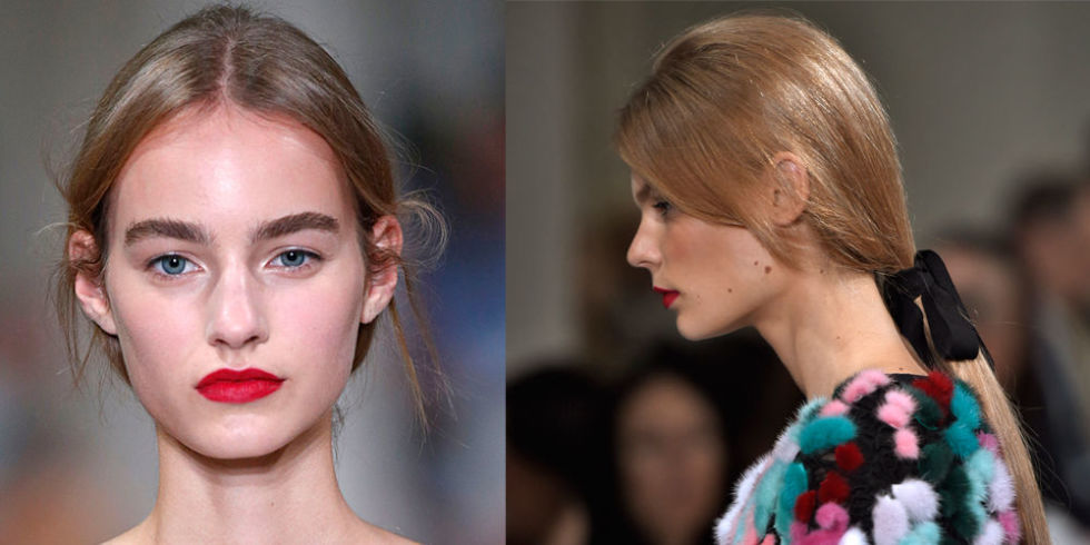 At Oscar De La Renta, Redken Global Creative Director Guido gave girls a luxury ponytail. "I tied a piece of ribbon with one loop, so it isn't a full bow, around the ponytail, so it feels very romantic and feminine," he said. So does the models' matte red pout, achieved with the MAC lip pencil in Follow Your Heart. This is sophisticated glamour at its finest.