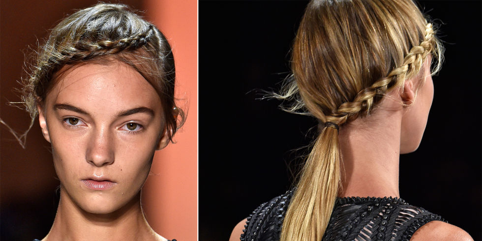 Orlando Pita, New York Fashion Week Ambassador for TRESemmé created the 'braided crown pony' at this show in New York. Starting at a deep side part, French braids went across the foreheads all the way to meet a low ponytail at the nape of the necks. The minimal makeup featured dewy highlights on the eyes, nose and lips.