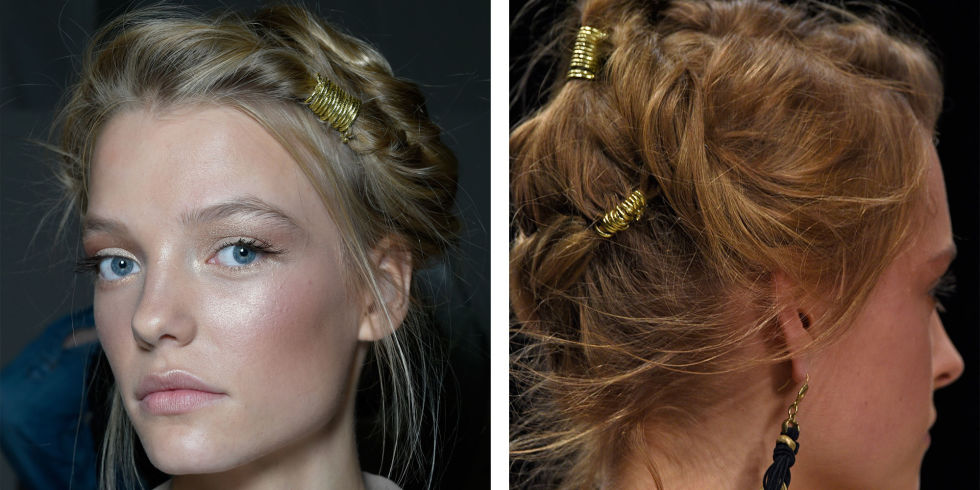 These soft, feminine updos were pure romance. Superstylist Guido explained his method: "Redken's Wind Blown 05 was the main product I used because it gives you some friction and texture when creating these sorts of updos – it makes the hair very manageable to work with. I twisted the back section up so that it's very loose and soft, and then twisted the front pieces back around the head, accentuating it with the gold thread so it's almost like a bit of jewellery in the hair."