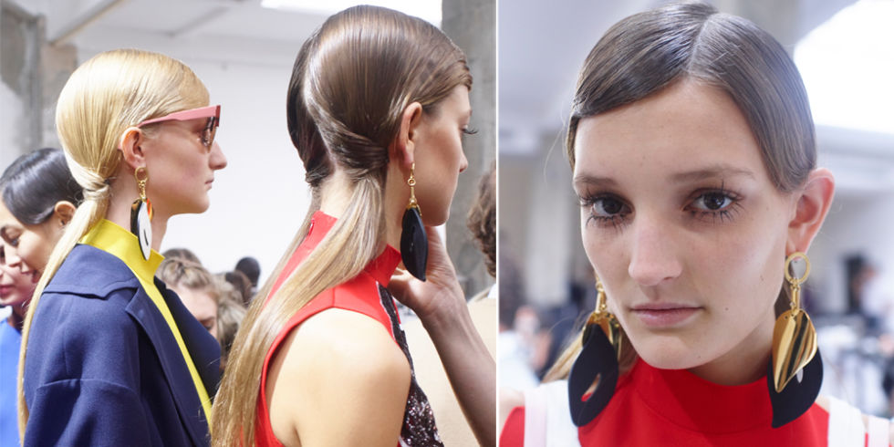 The models had grownup graphic pigtails at Marni created by hairstylist Paul Hanlon. From the front all eyes were on the exaggerated 60s lashes, with wispy falsies applied by makeup artist Tom Pecheux. Wow.