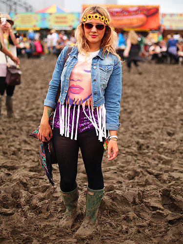 Daisy snapped up this t-shirt from Topman and then customised it by cutting the hem into a fringe. Her spangly shorts were an internet find and her headband is from Primark